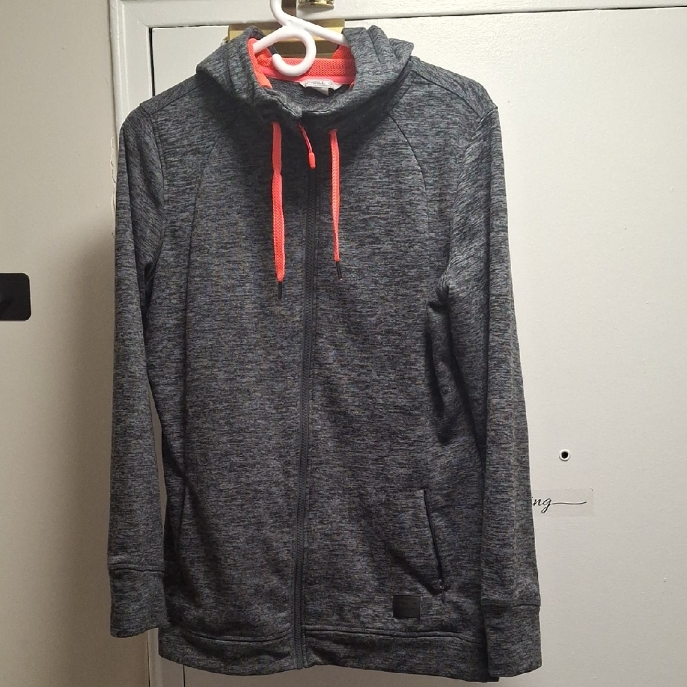 O'Neill Heathered Grey Fleece Jacket Hoodie Neon Orange Accents Large